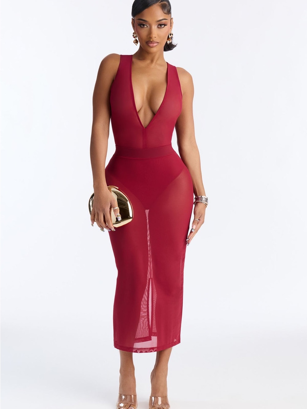 Fashion Nova Burgundy Midi Dress with Plunging Neckline